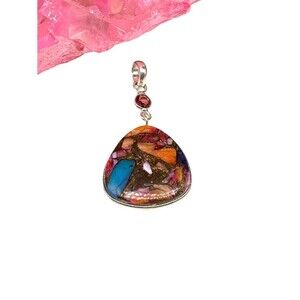 Kingman Pink Dahlia Turquoise Garnet Necklace Pendant Solid 925 Sterling Silver